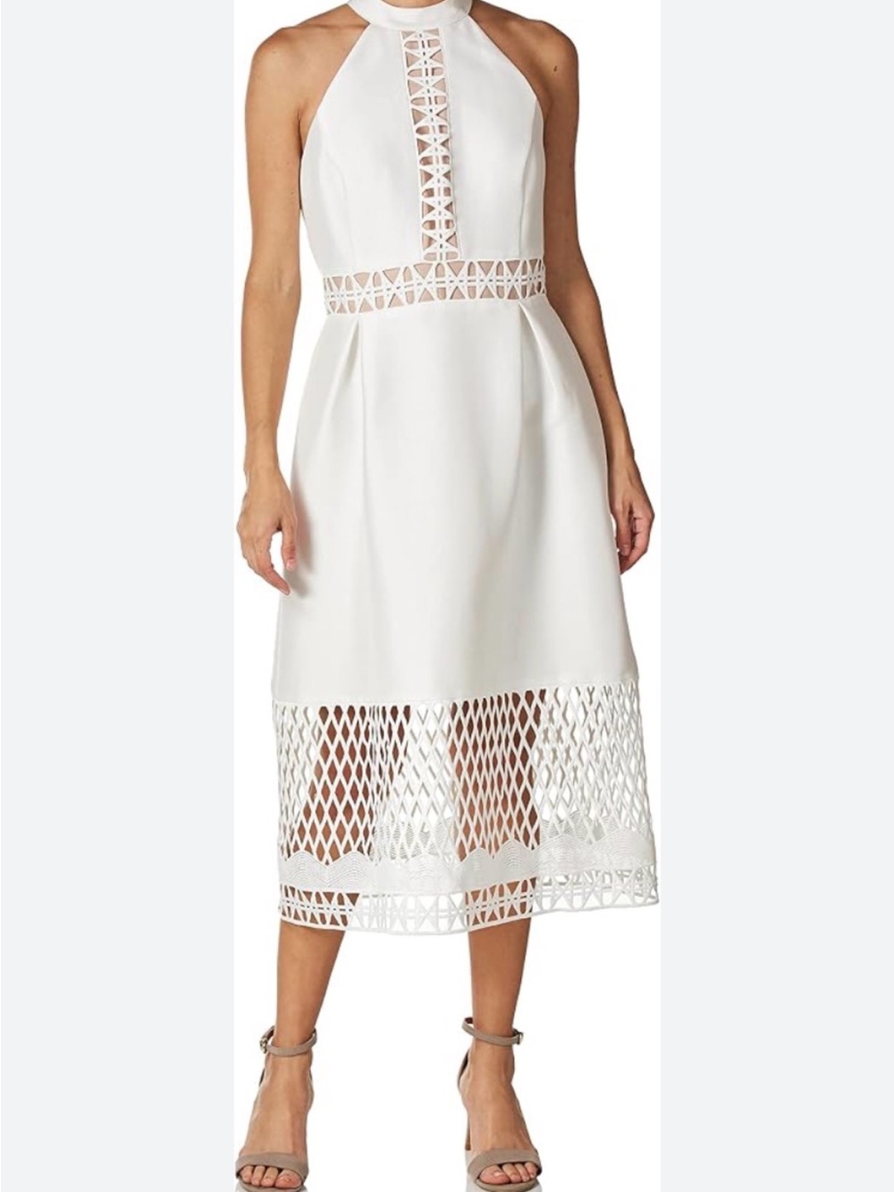 Ivanka Trump White Halter Midi Dress with Lattice Insets
